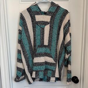Chic Chevron Cowl Neck Sweater - Black, White, and Teal